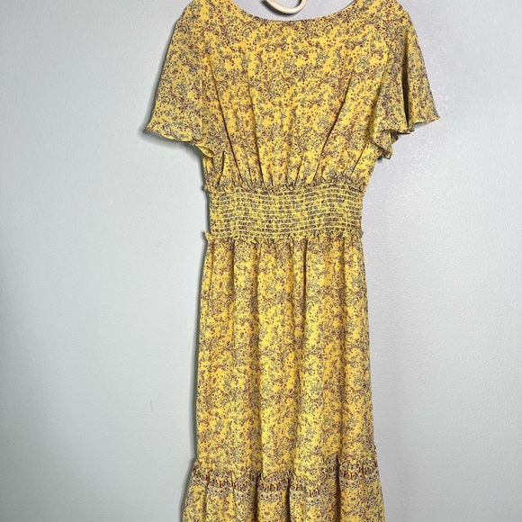 Max Studio Yellow Floral Midi Dress Smocked Waist with Ruffles Women Size Large - Picture 10 of 13